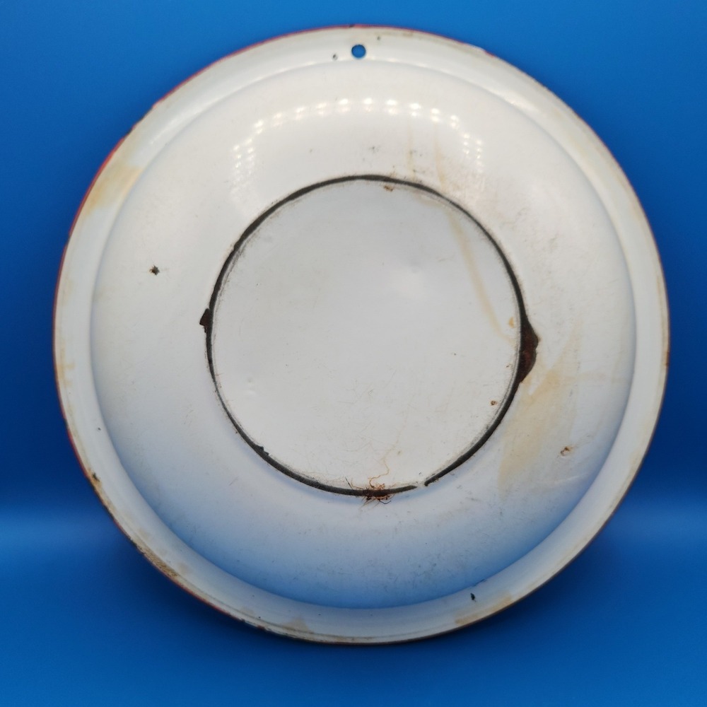 Vintage Round White Enamel Basin with Red Rim - Picture 2 of 11